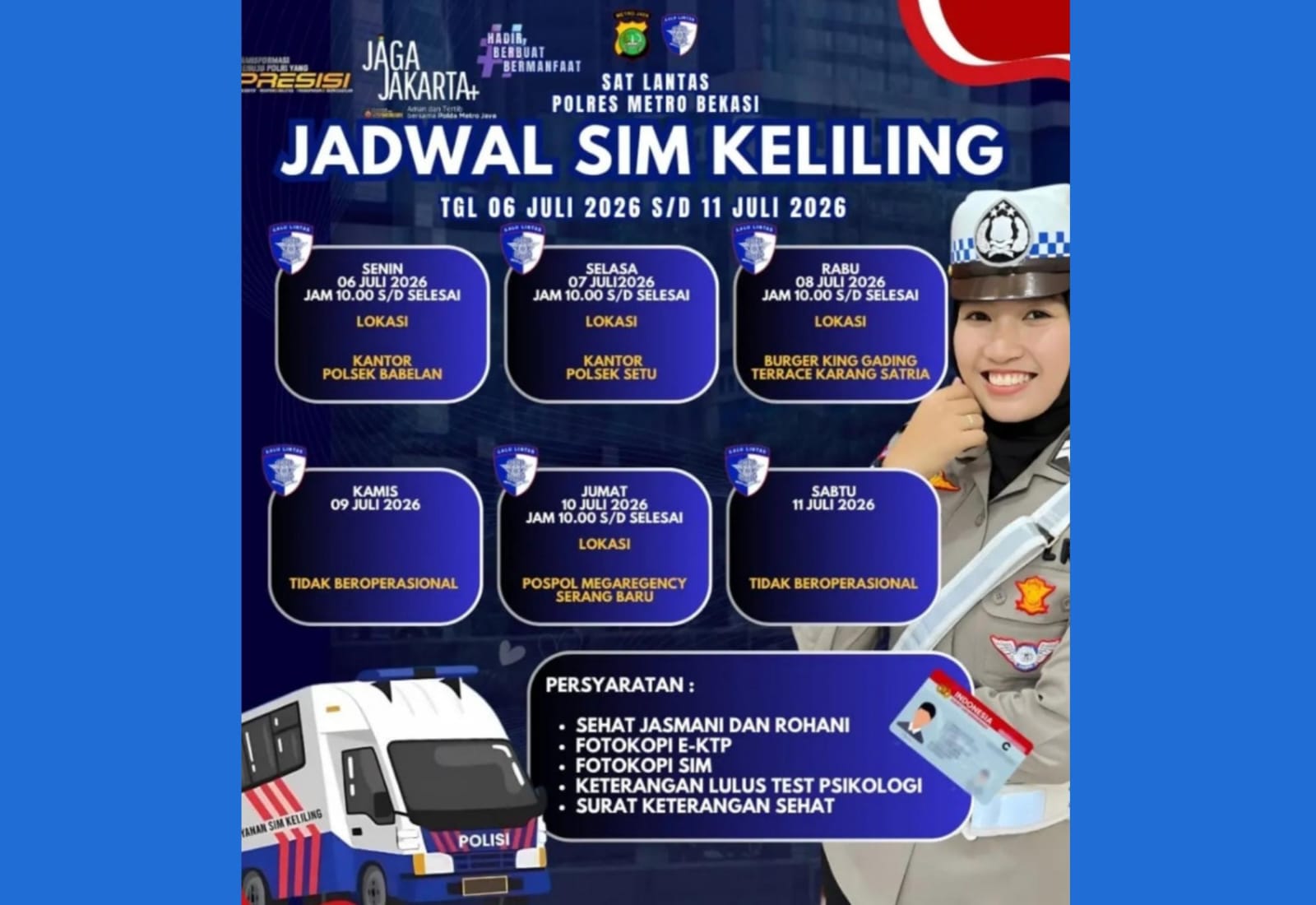 Jadwal SIM Keliling Kabupaten Bekasi 6-11 Juli 2026, Cek Lokasi, Syarat, dan Biayanya!